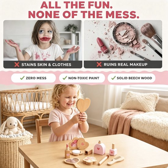 Houten Kinderschmink Set voor Meisjes – Complete Make-up Set met Tas – Rollenspel & Fantasie Speelgoed – Houten Speelgoed voor Meisjes van 3-7 Jaar – Cadeau voor Verjaardag en Kerstmis — afbeelding 3