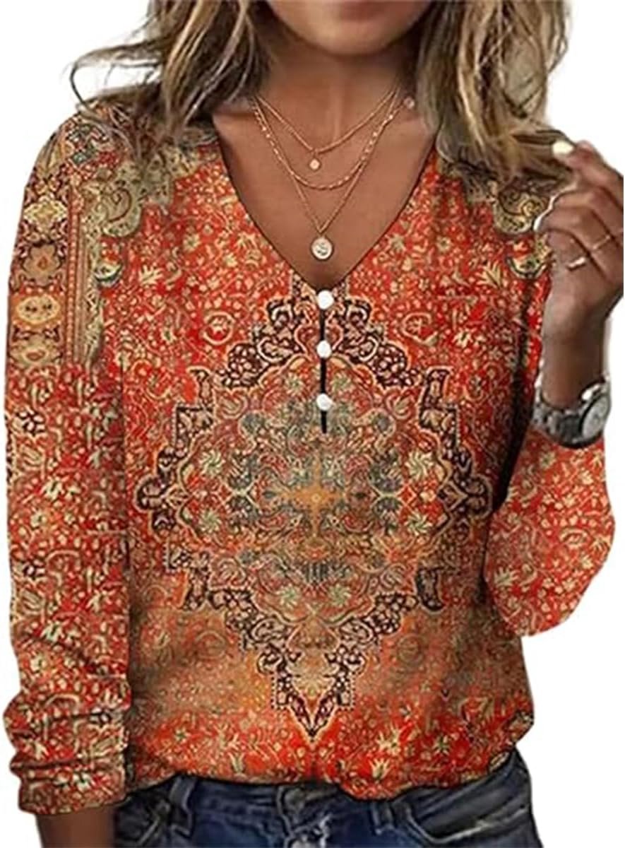 dames lange mouwen lenteblouses V-hals T-shirts tuniek bovenstuk bedrukte blouse dames elegant casual shirt lange mouwen shirts voor dames (meerkleurig, S-XXL)
