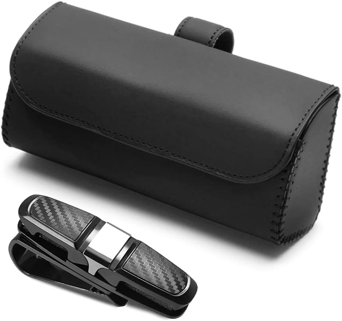 Dailygoods- Brillenhouder met lederen opberghoes - Brillenkoker - Zonnebrilhouder - Compatibel met alle automodellen - Zwart - Hoogwaardige PU-leer -