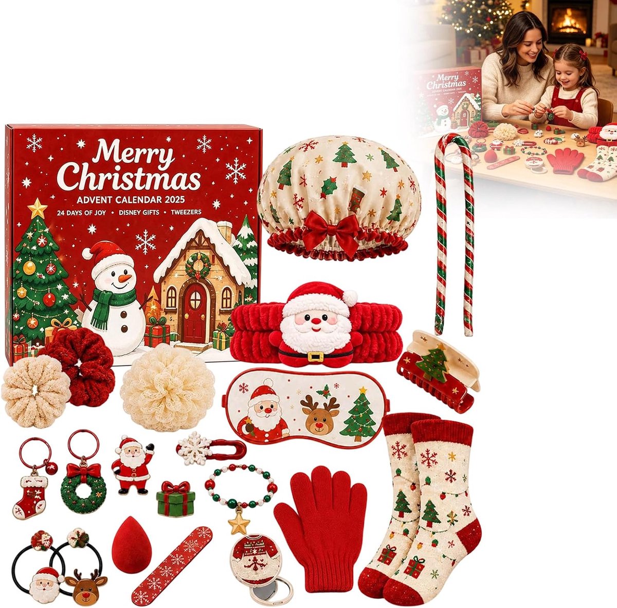 24-daagse adventskalender - Inclusief haarbanden, haarelastiekjes, kerstkousen en handschoenen - 24-delige sieradenset voor dames - Vol verwachting - Universeel
