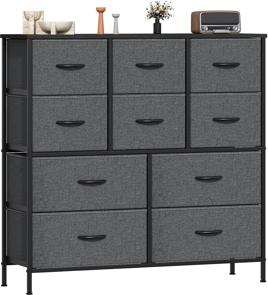 Ladekast met 10 stoffen lades - 6 kleine en 4 grote lades - Donkergrijs en zwart - Voor kleding - MDF-blad - Verstelbare voeten - 100 x 30 x 97 cm