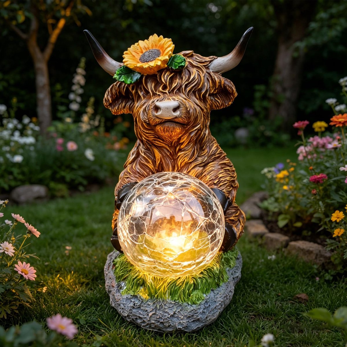 Namajunas - Hooglander koe buiten stand beeld - Met transparante zonne bol - Zonne lamp ornament - Waterbestendig hars kunstwerk voor buiten en tuin - Gazon landschap lamp - Geschikt voor tuin, patio en gazon decoratie - Een uniek cadeau