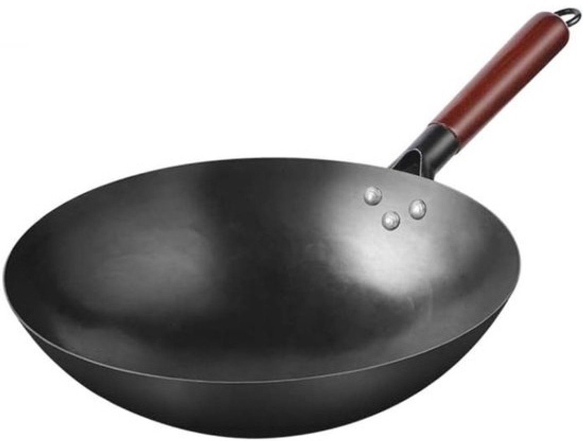Koolstofstaal Wok - Chinese Koekenpan - Roerbakken Groenten - Hand Gehamerd Design - 36CM Diameter - Zwart