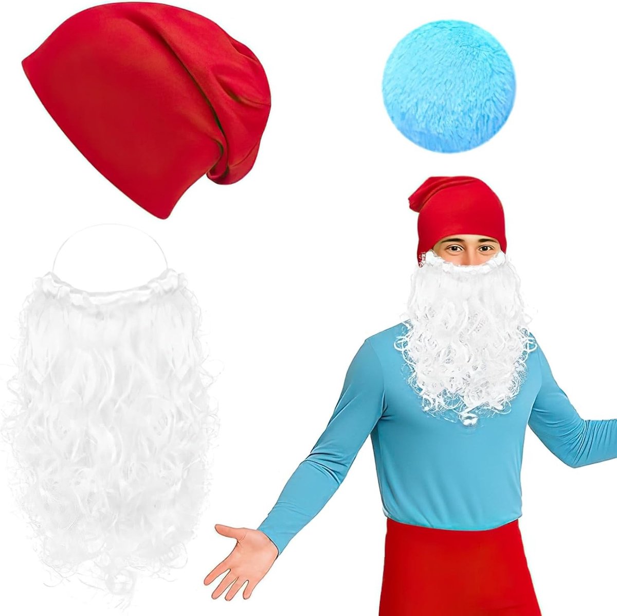 Halloween kostuumset voor dwergen met rode muts, witte baard en blauwe staart voor feestjes
