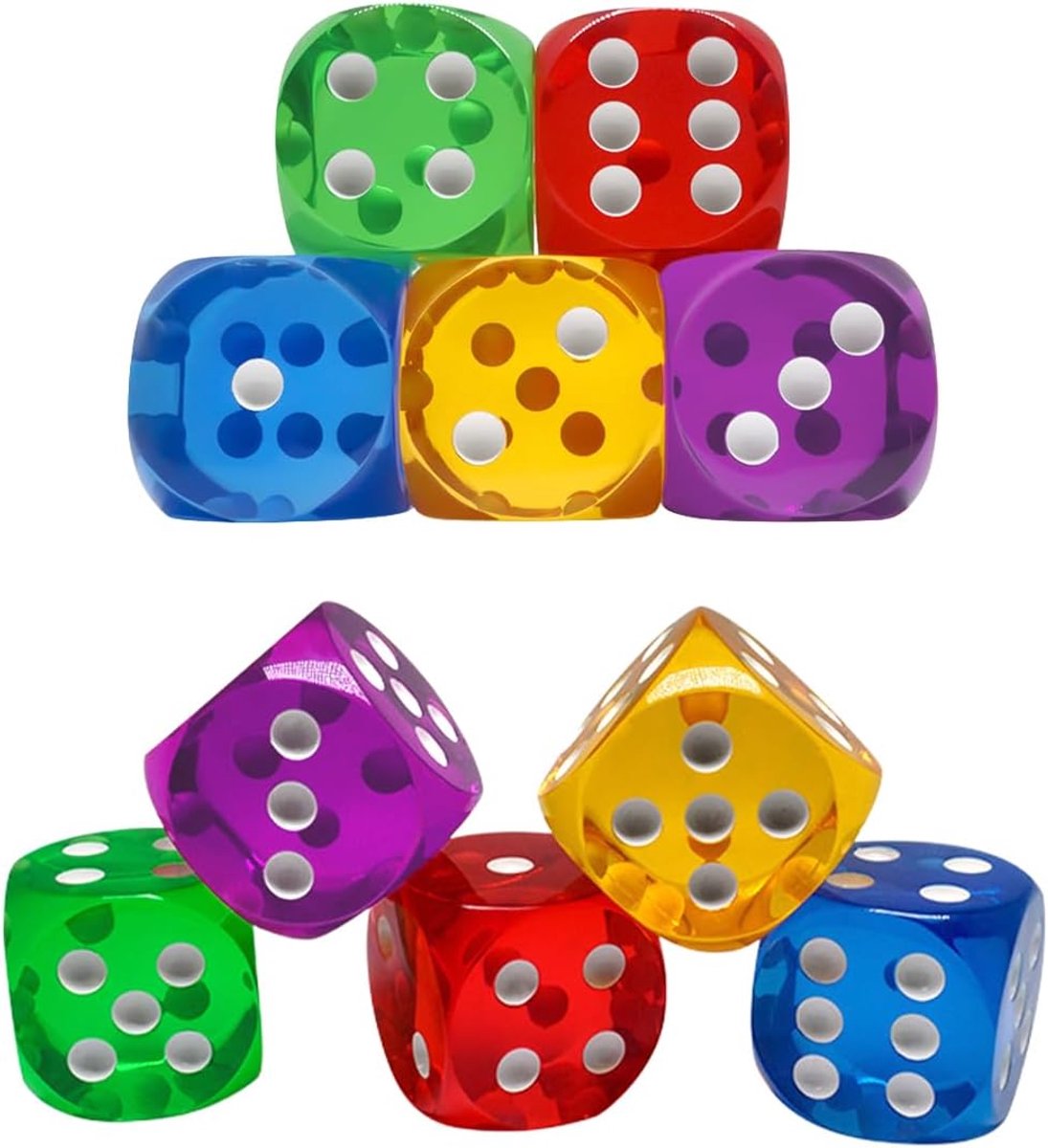 10 stuks acryl dobbelstenen, kleurrijke doorschijnende dobbelstenen, speeldobbelstenen met 6 pagina's, 5 kleuren, perfect voor bordspellen en dobbelspellen