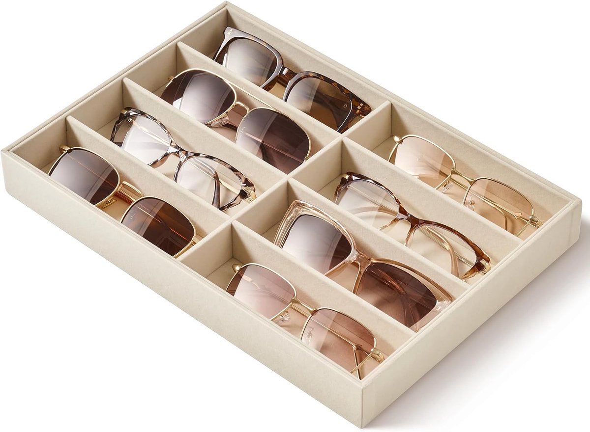 pickpiff Lade zonnebril organizer & presentatie plank: 1 stuk 8 rasters fluweel krasbestendig brillenetui (35,1 x 23,9 x 4,1 cm) - zachte beige brillenopbergdoos voor mannen en vrouwen
