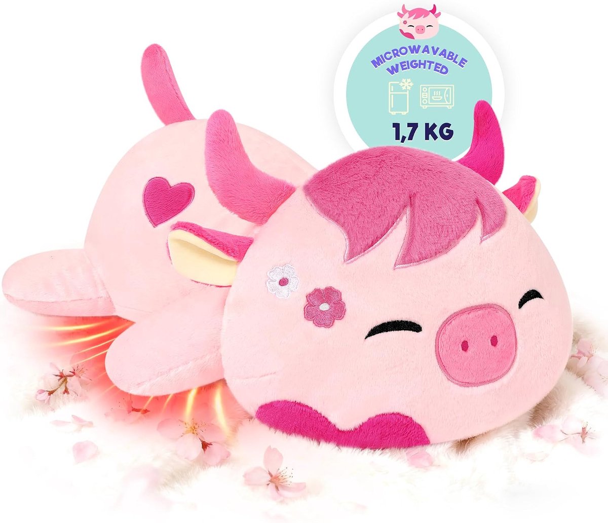 shownicer Koe pluche warmtekussen, 1,7 kg, warmtekussen in de magnetron, verzwaarde speelgoed, cadeau voor volwassenen en kinderen vanaf 3 jaar, roze, 50 cm