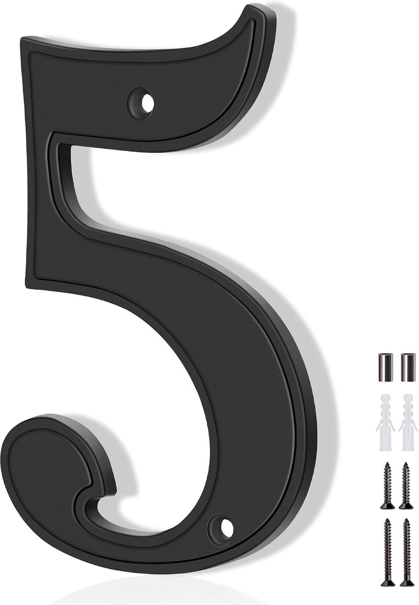Huisnummer 5, groot modern zwart huisnummer voor buiten, metalen brievenbusnummer, 12,7 cm zinklegeringstijl