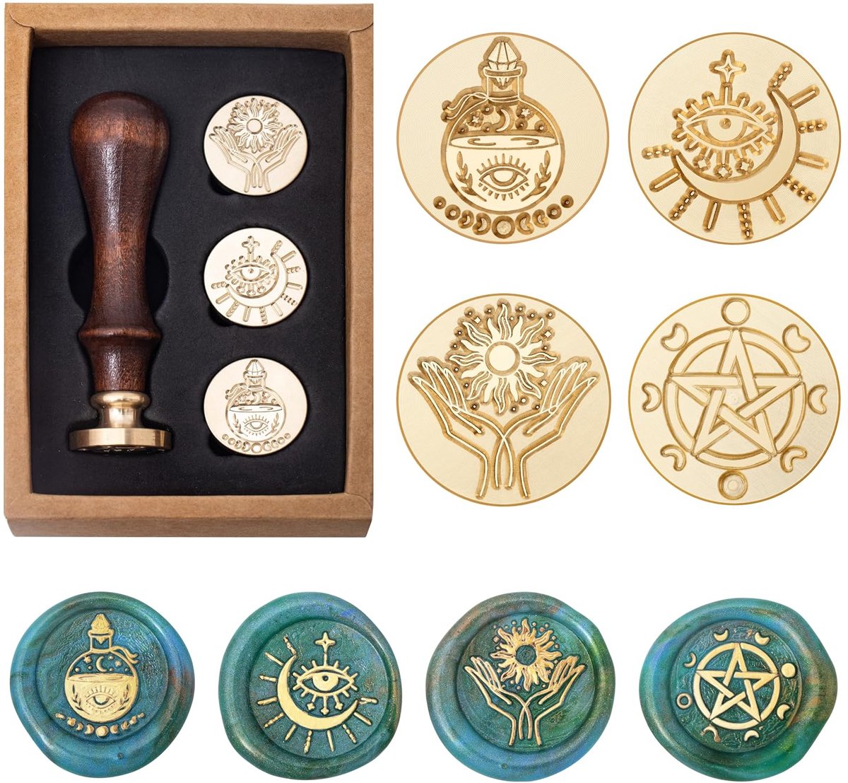 Pentagram wasstempel maanfasen zegel vintage stempel kop boze oog drievoudig maan pentagram zon fles met geschenkdoos voor hekserij kaart