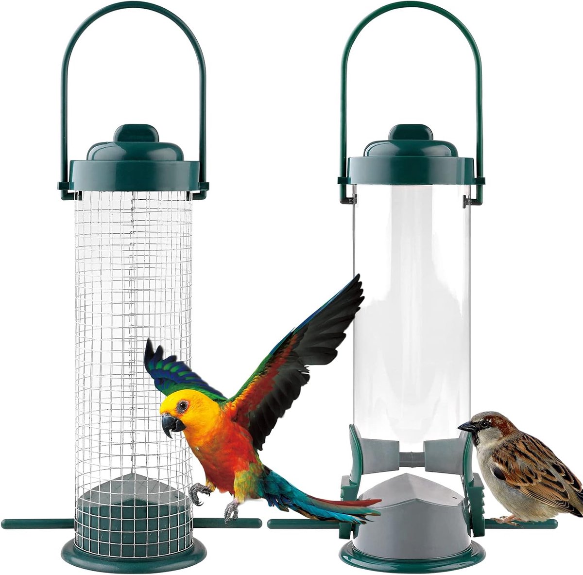 Voedervoederbakken van metaal, voor wilde vogels, met standaard voor kleine vogels, 2 poorten, gemengde zaad- en pinda-hangers, weerbestendig voor tuin, buitentuin