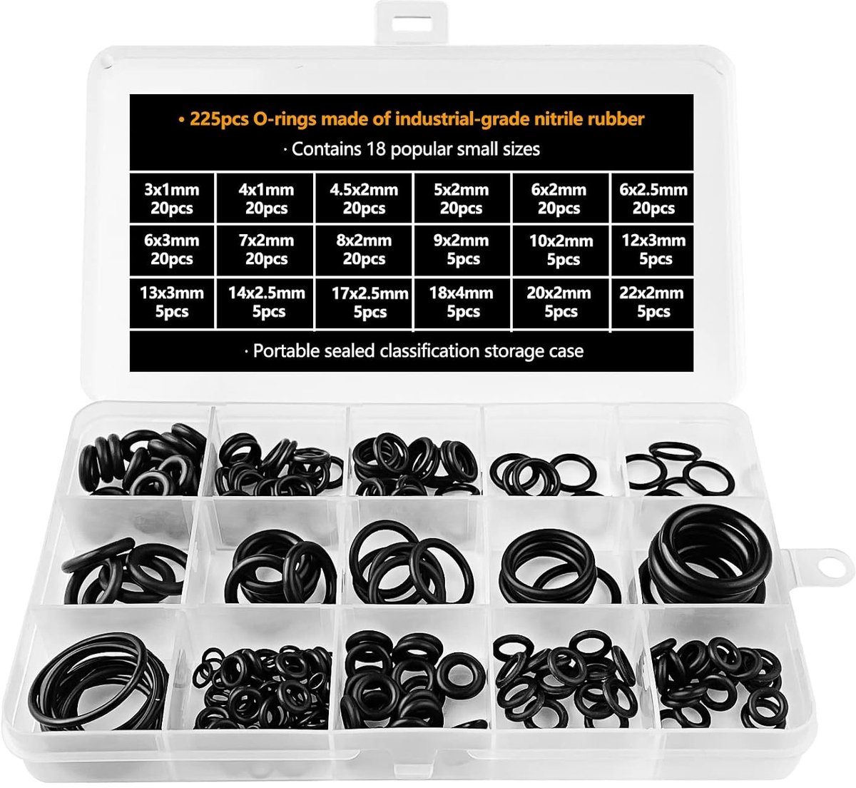 225 stuks afdichtringenset, zwart, 18 maten O-ring assortiment, rubberen sluitring, O-ring assortiment, afdichtingsset, O-ringen, afdichtingen van NBR voor sanitair, sifon, sodastream en
