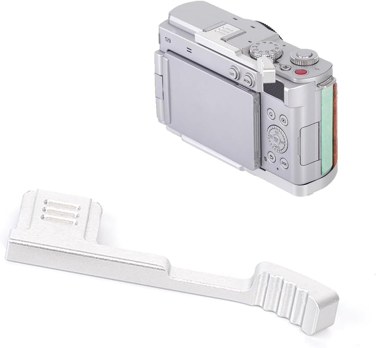 Omhoog grip voor Panasonic LUMIX S9, Hot Shoe duimsteun ondersteuning met anti-slip patroon, verbeterde stabiliteit en comfort voor verbeterde foto (zilver)