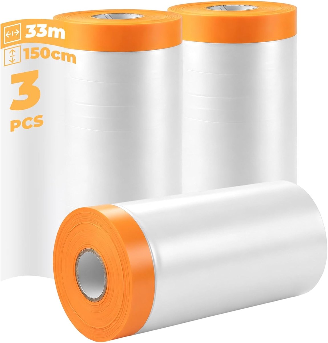 3 rollen afdekfolie met plakband, 150 cm x 33 m, transparante schilderfolie, afdekfolie voor stofdichte, lakdichte en waterdichte toepassingen