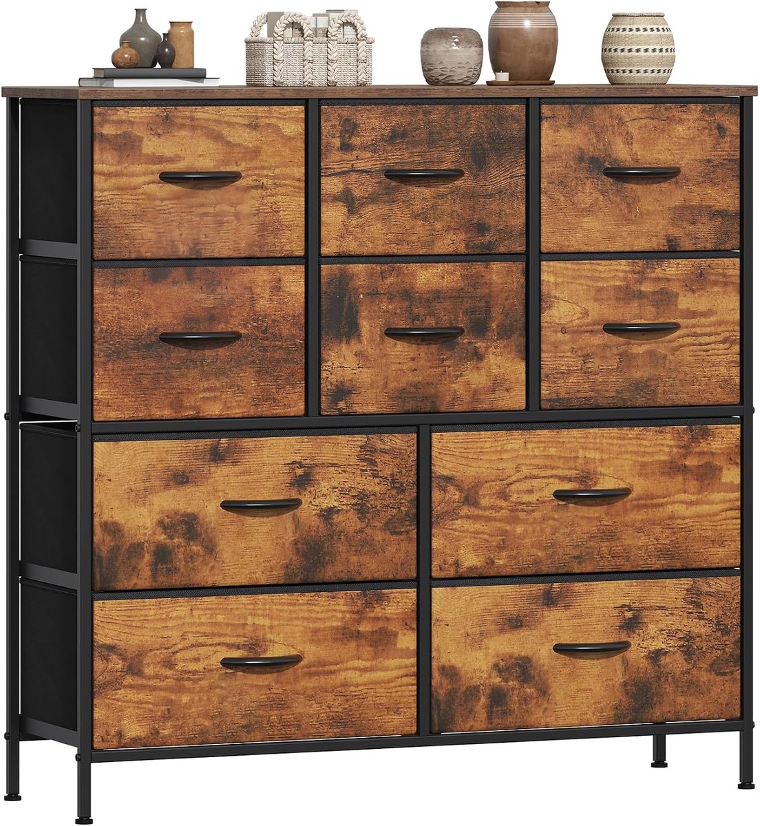 Industriële ladekast - 10 stoffen lades in 2 formaten - Rustieke houtlook en zwart - Voor kleding - MDF-blad - Verstelbare voeten - 100 x 30 x 97 cm
