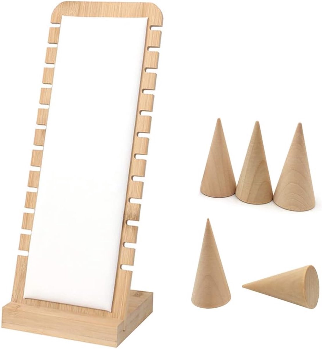 Dailygoods- Sieradenstandaard met 5 Kegelvormige Displays - Houten Sieradenhouder - Duurzaam Bamboehout - Ruimtebesparend Ontwerp - 12 Vakken voor Ket