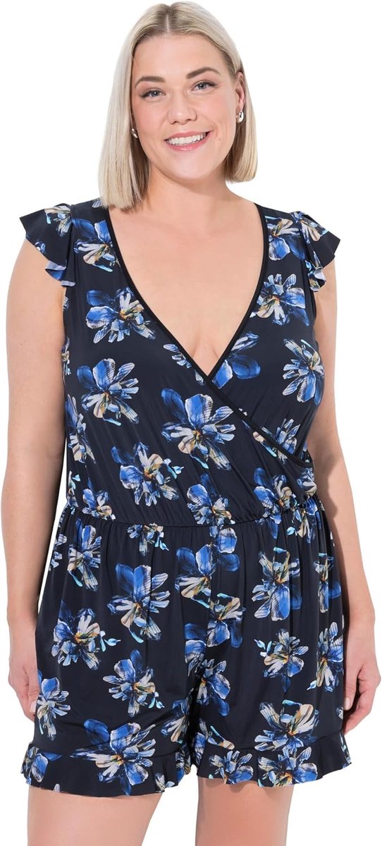 Popken Dames grote maten grote maten plus size badjurk, melody, bloemblaadjes, zwart, 42