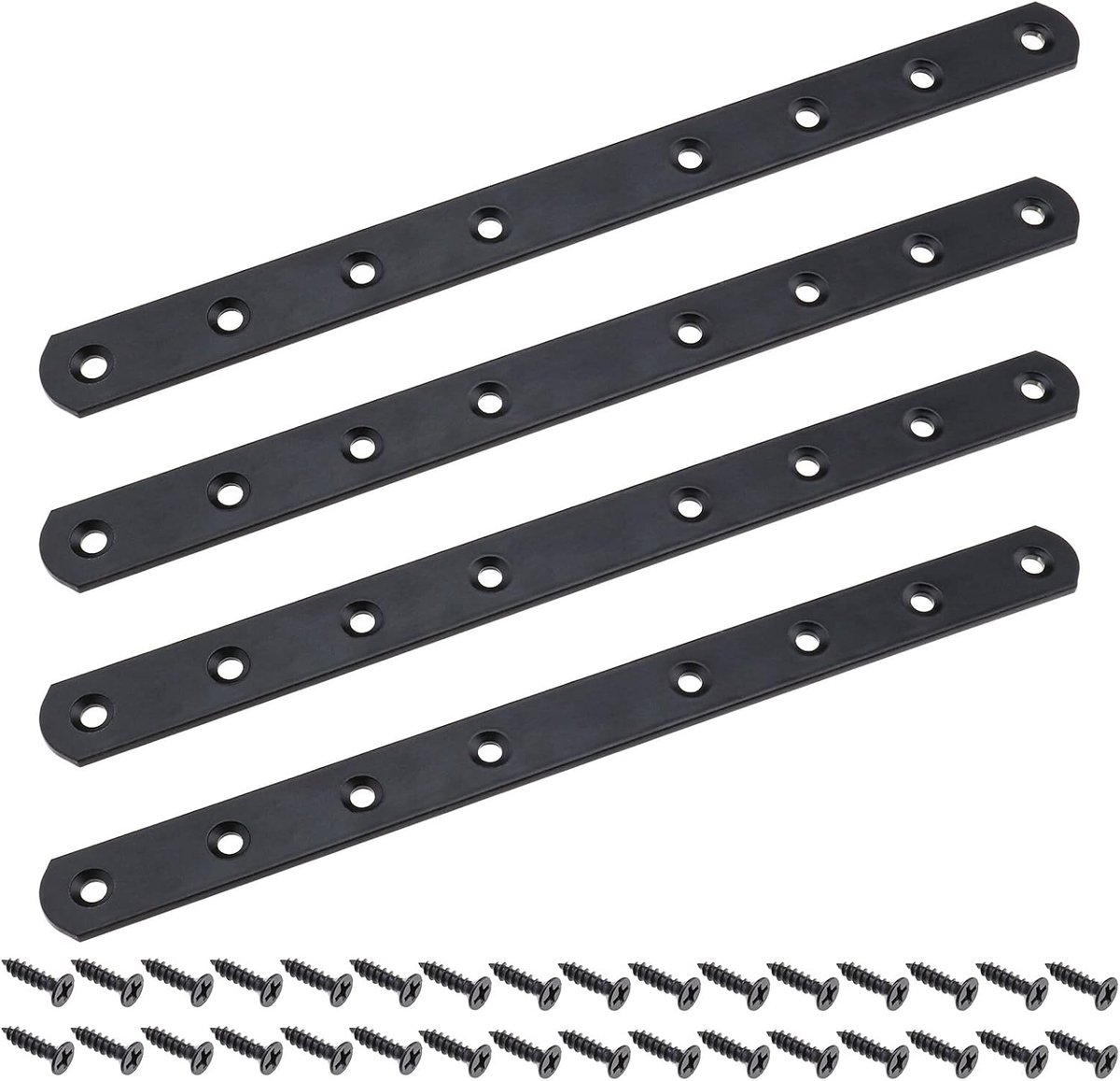 Dailygoods- Platte Beugels 4 Stuks - Metalen Bevestiging - 245 x 20 x 3 mm - Schroeven M4x16 - Duurzaam - Zwart - Voor Meubelondersteuning