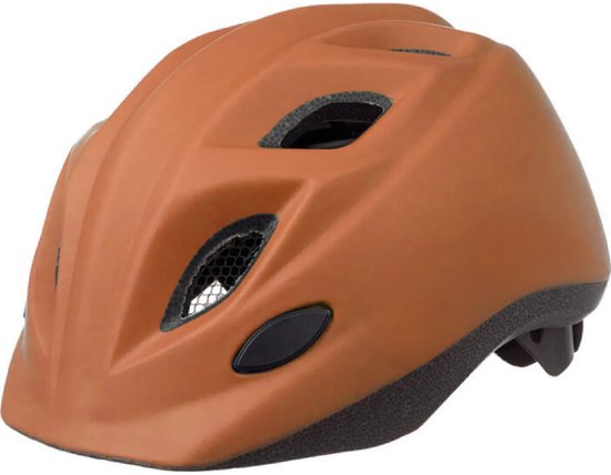 Bruine kinderfietshelm met ventilatieopeningen en zwarte accenten.