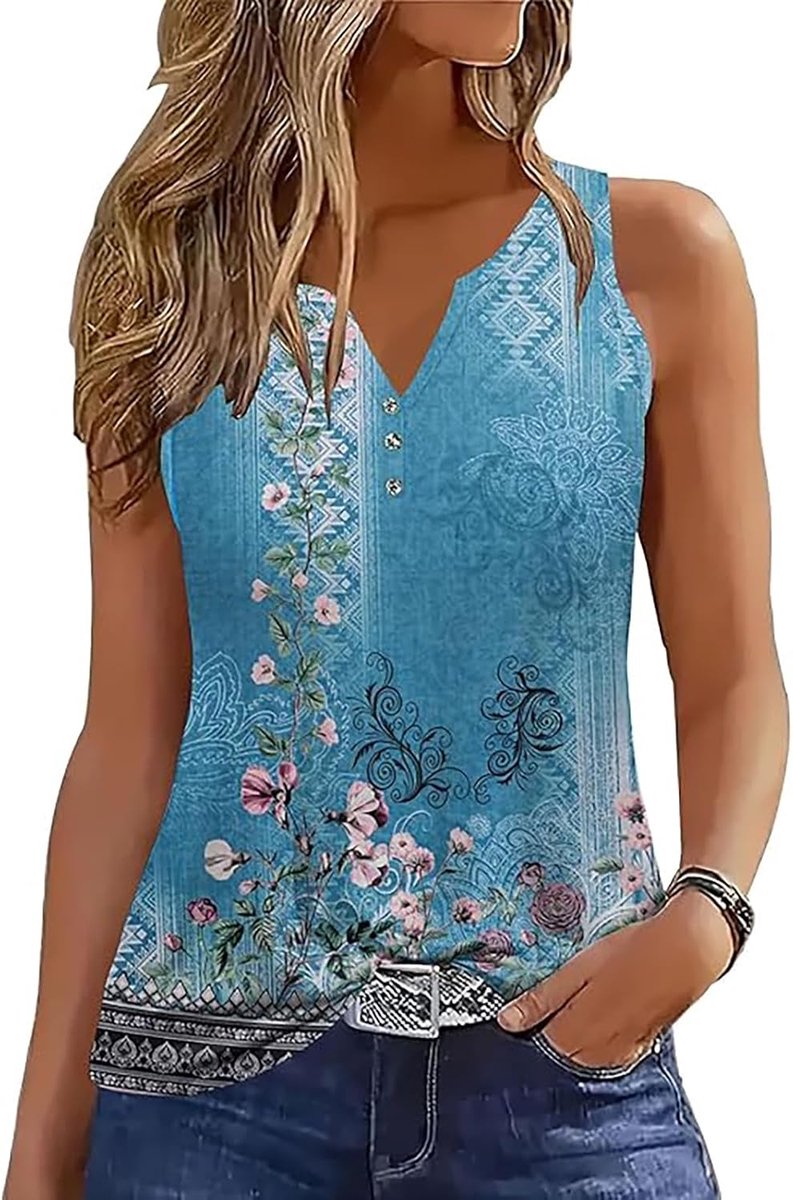Tanktop voor dames, mouwloos, V-hals, zomer, tanktops, knoop aan de voorkant, losse tuniek, shirt, vest, blouse