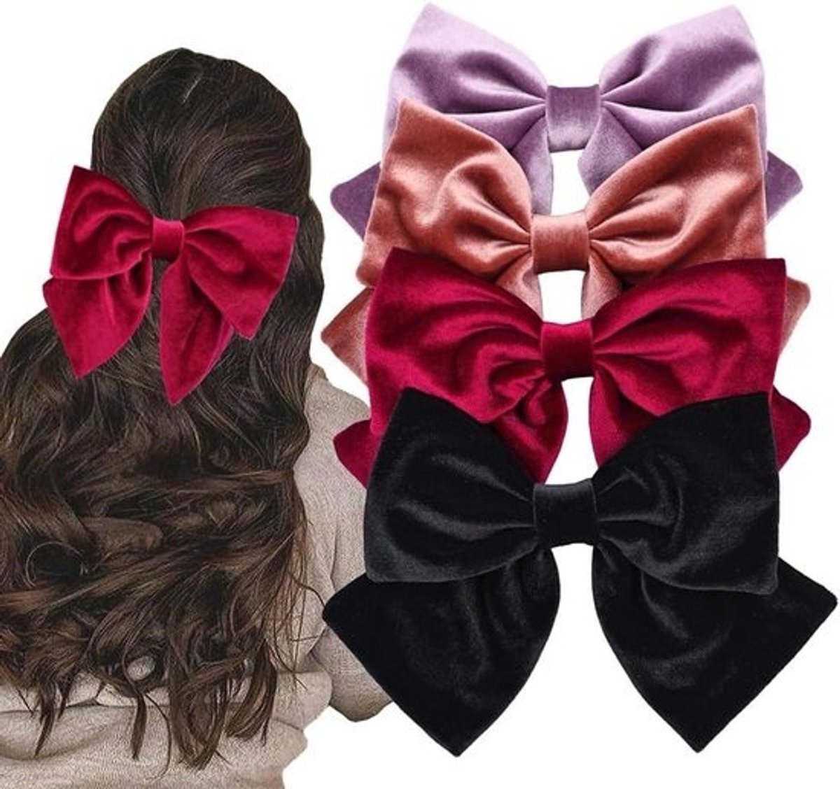 Grote fluwelen strikken - Haaraccessoires set - Feestelijke gelegenheden - Antislip Franse clips - 16 cm breed - Wijnrood