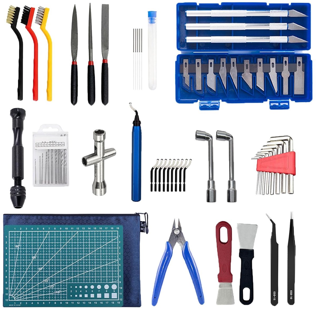 3D-printeraccessoires voor beginners, 3D-printergereedschapsset met ontbramen, reinigingsnaalden, reinigingsset, opbergtas, inclusief tangen, vijlen