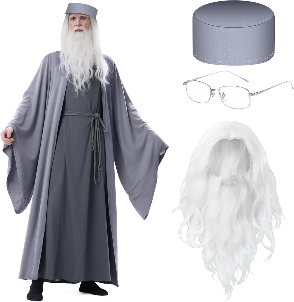 Halloweenkostuum voor volwassenen, middeleeuwse magische outfit met grijze gewaad, hoed, witbaard, bril, tovenaarskostuum, cape voor Halloween, carnaval, themafeest