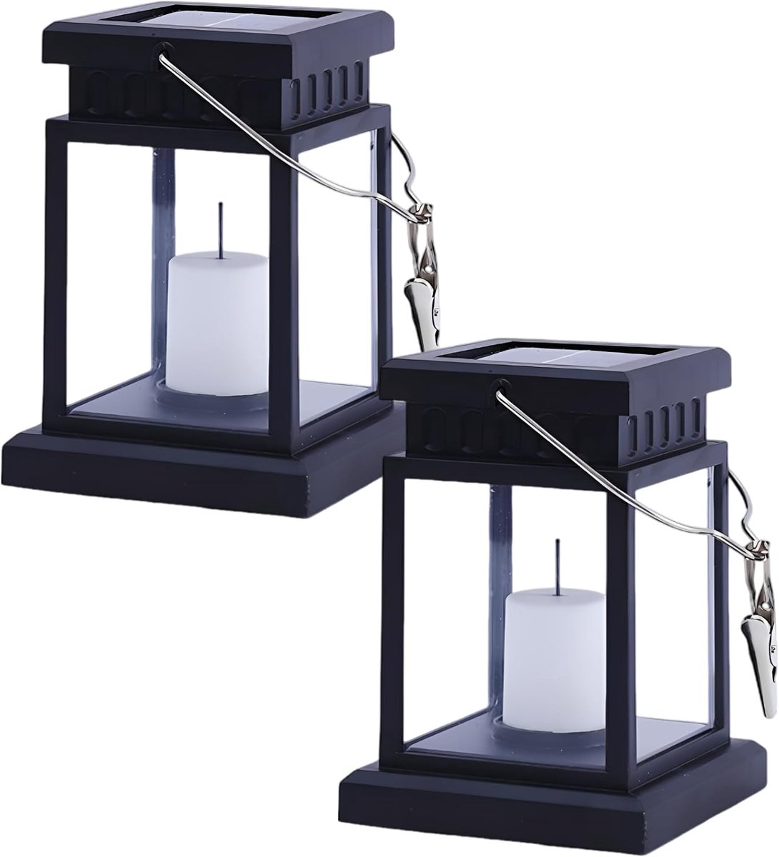 Solar Lamp - Kleine Paleisstijl - Decoratieve LED Kaarslamp - 6-10 Uur Brandduur - Zwarte Metalen Haak - Voor Terras en Tuin - Zwart - 2 stuks