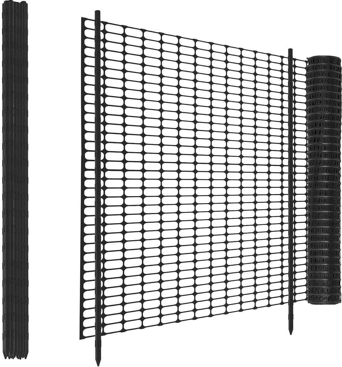 zwart, 30 m lang x 100 cm hoog, met 30 palen, 115 cm hoog, kunststof mobiele omheining voor begrenzingshek, gevogeltennet, kippenhek, pluimveehek, hondenhek, steekhek, vijverhek, konijnenhek