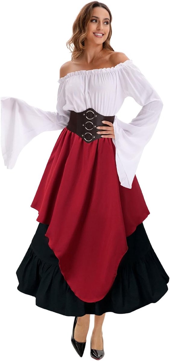 damesblouse, renaissance, tops, schoudervrij, trompetmouwen, Victoriaanse ruches, lange mouwen, middeleeuwse blouse met korset, taille, riem, piratenkostuum