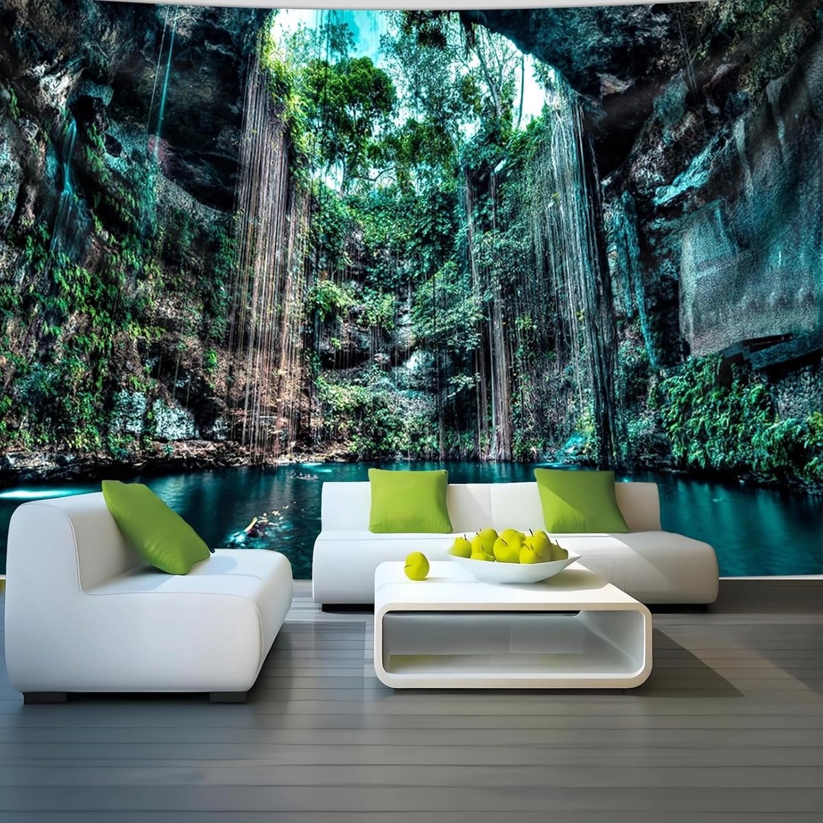 Arey Tropische Waterval Wandtapijt Holle Natuur Zwembad Landschap Fotoachtergrond Wandtapijten - Groot Grootte Decoratieve Hangende Wanddoek, Groen, 230 x 180 cm