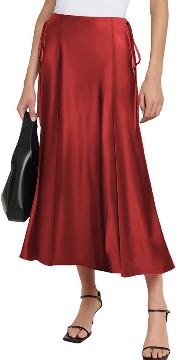 rok voor dames, lang, hoge taille, elegante zijdeachtige midi-rok, A-lijn, flared, midi-rok, business, party, vrijetijdsrok