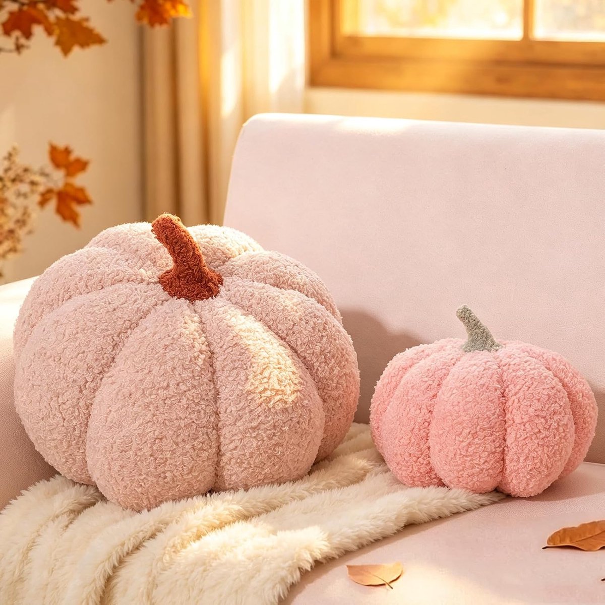 set van 2 pompoenvorm, decoratief kussen, pluche sierkussen, esthetische bankkussens, teddy, fleece, bed, knuffelkussen, rond, voor kinderen, slaapkamer, cadeau, 20 en 30 cm