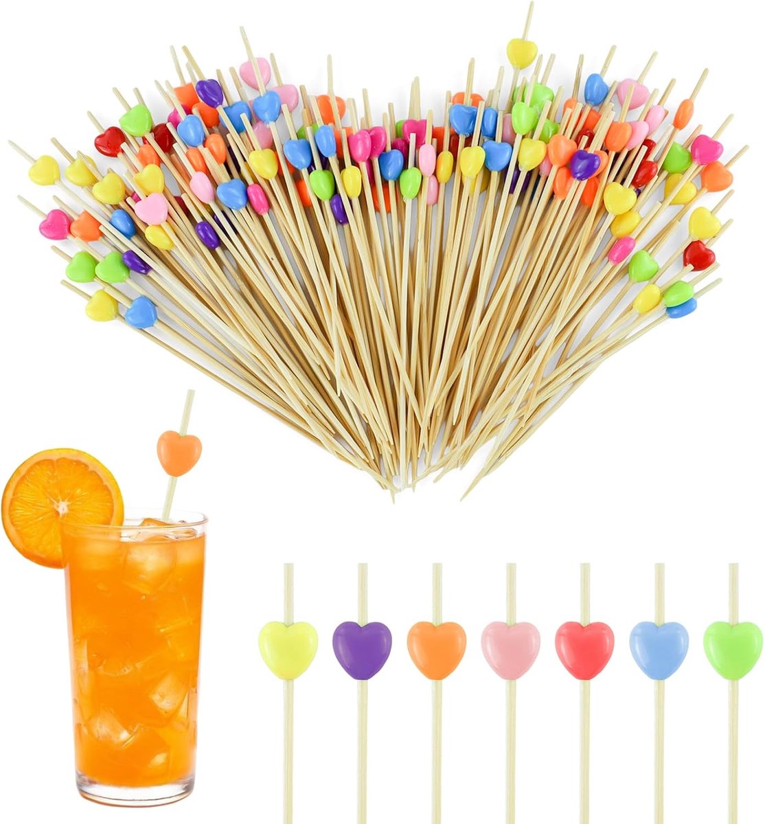 120 stuks cocktailspiesen, houten tandenstokers met schattige decoratie, 12 cm, cocktailprikkers, vingerfood voor bar, cake, feest en verjaardagsfeest, fruitspies, kleurrijk