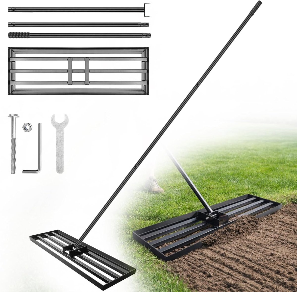 115 x 25 cm, nivelleringsapparaat van staal met verstelbare antislip handgreep van 213 cm, veelzijdig inzetbaar voor het nivelleren van bodem, zand en topdressing in de tuin en