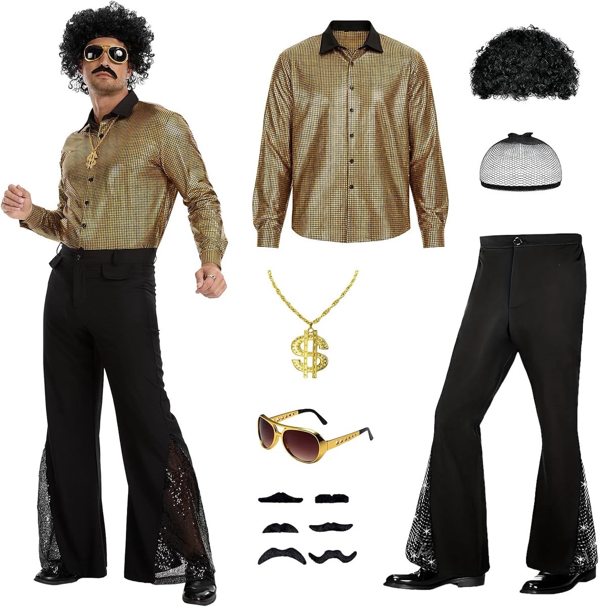 hippie kostuum set voor volwassenen - retro jaren 70-80 stijl outfit met shirt, broek, afropruik, ketting, hippie funky zonnebril en baard sticker