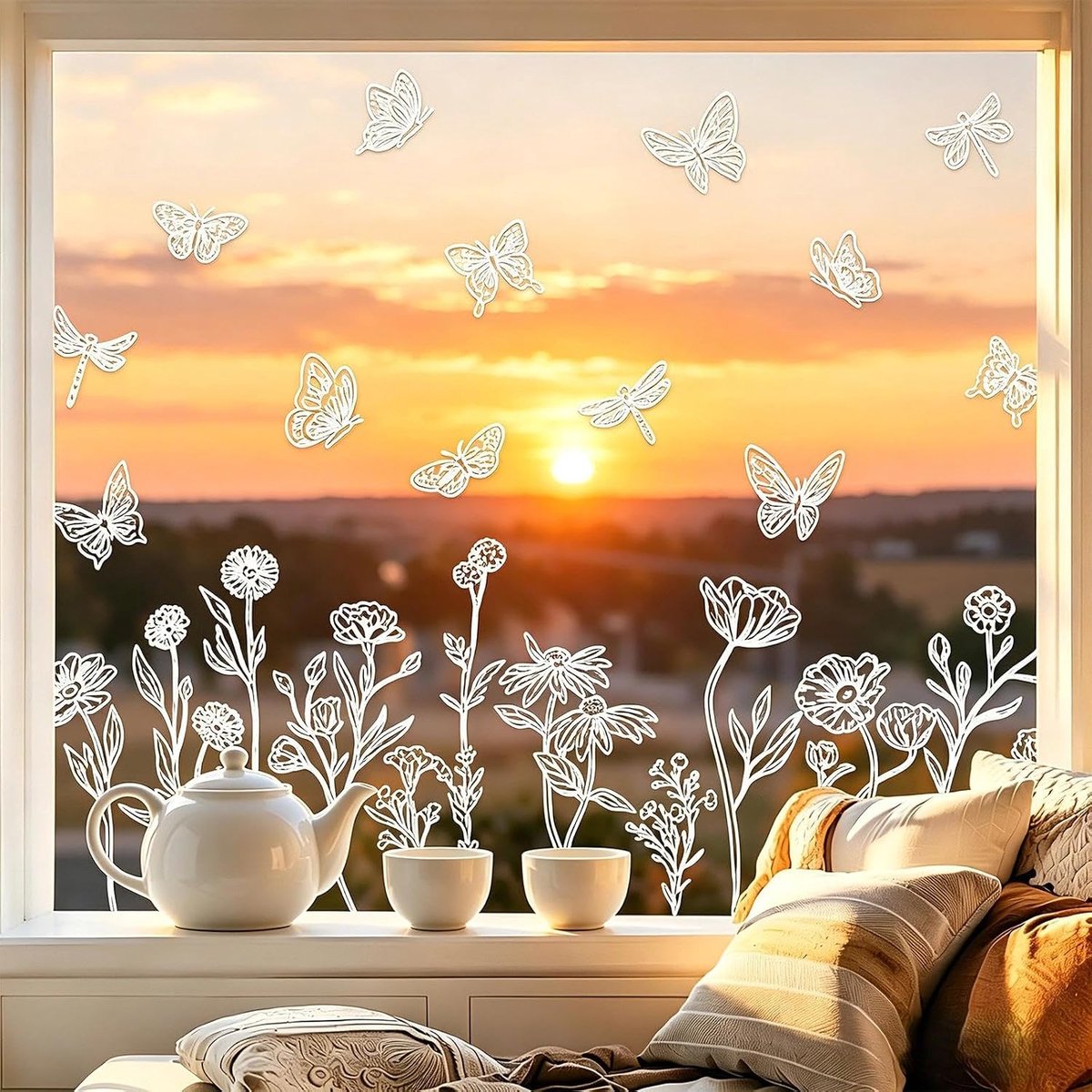 Raamstickers, witte bloemen decoratie