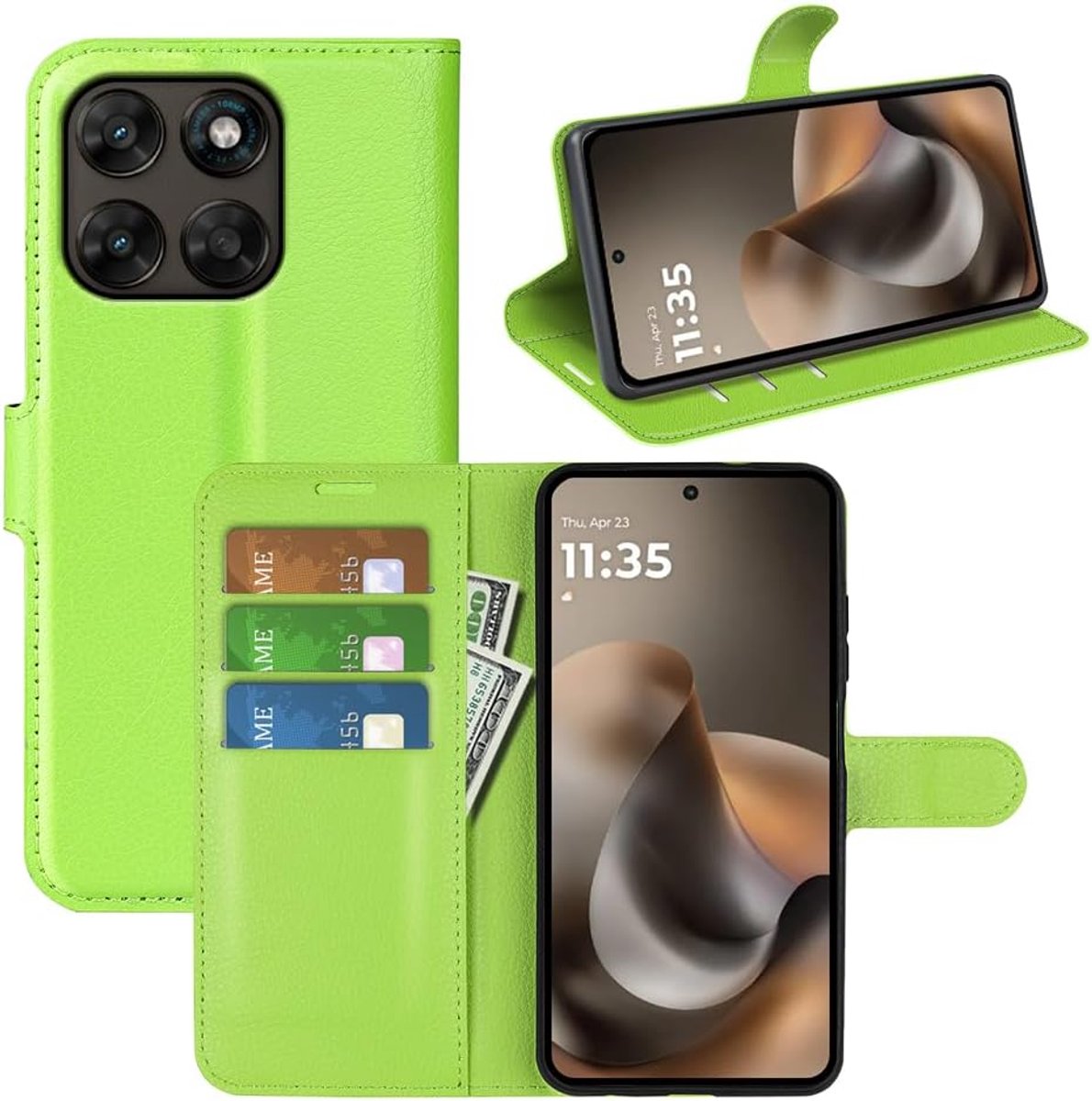 Beschermhoesje voor Motorola Moto G77 / G67, klaphoes van leer, dun, met standaard, magnetische gesp en kaartsleuven, groen