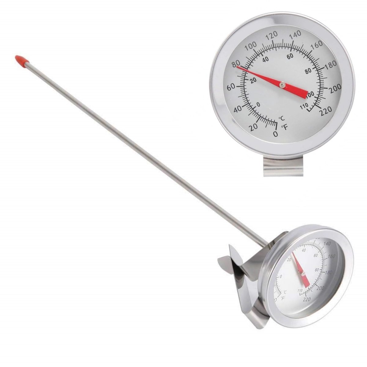 melkthermometer met lange sonde en clip, kookthermometer van roestvrij staal, praktische keukenthermometer 110 °C/230 °F voor keuken, BBQ, olie, bier, wijn