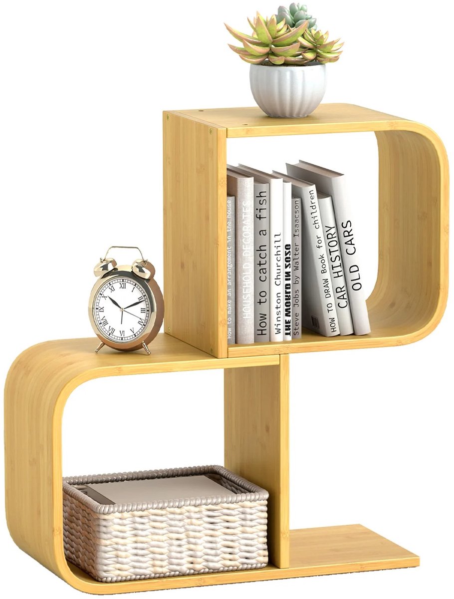 ArtiZo S-vormige boekenplank - bijzet tafel - decoratief - bamboe - 2 niveaus - 61 x 23 x 66,5 cm (L x B x H)
