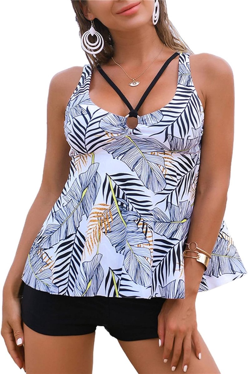 Badpak voor dames, zomer, mouwloos, korte broek, sneldrogend, vierkante hals, hol, bladeren, bloemenprint, bovenstuk, tweedelig, biquini
