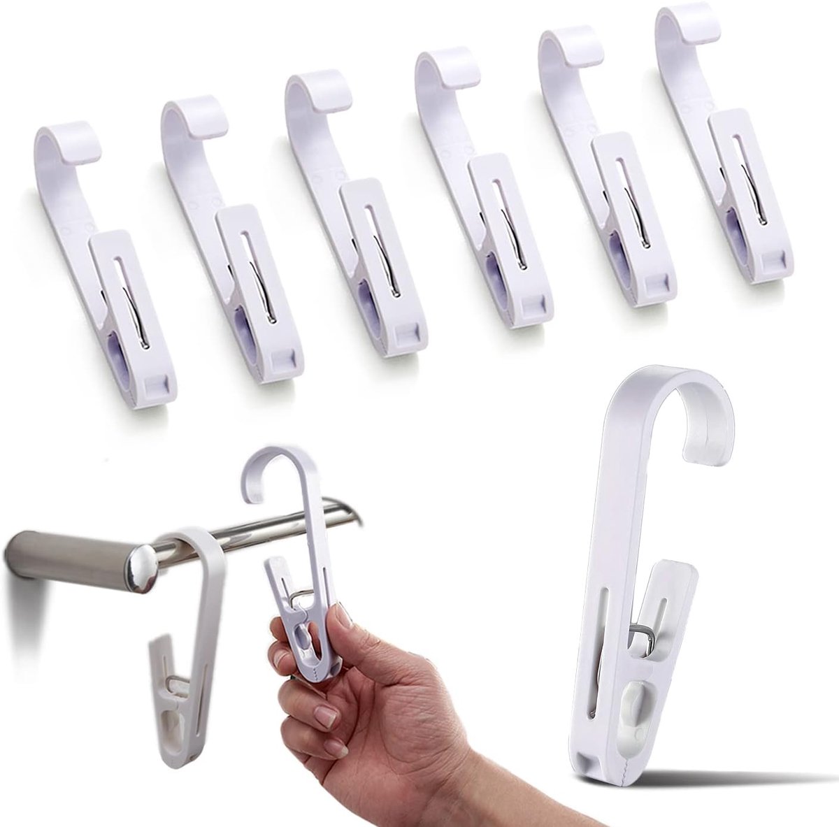 Washaken, 6 stuks, robuuste klemhaken, kledinghanger, clip, klemhaken, ideaal als laarzen, broeken, schoenen, sokken, handdoek, hanger (wit)