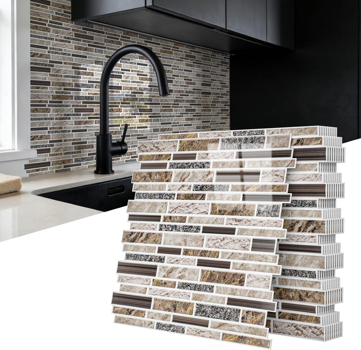 Tegelstickers voor keuken, 30 x 30 cm, zelfklevende wandbekleding van pvc met marmereffect, spatbescherming voor keuken en badkamer, marmer, donkere koffie, 10 stuks