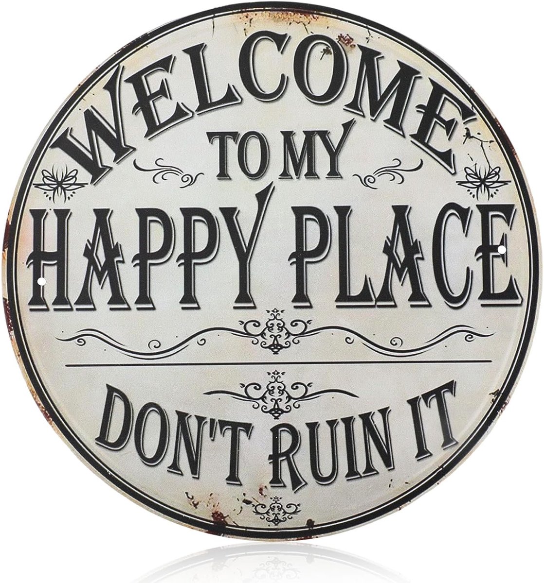 to My Happy Place Bord, 20x20cm Metalen Vintage Ronde Plaquette Grappig Retro Decoratief Bord voor Thuis Slaapkamer Garage Bar Kantoor Eetkamer Decoratie