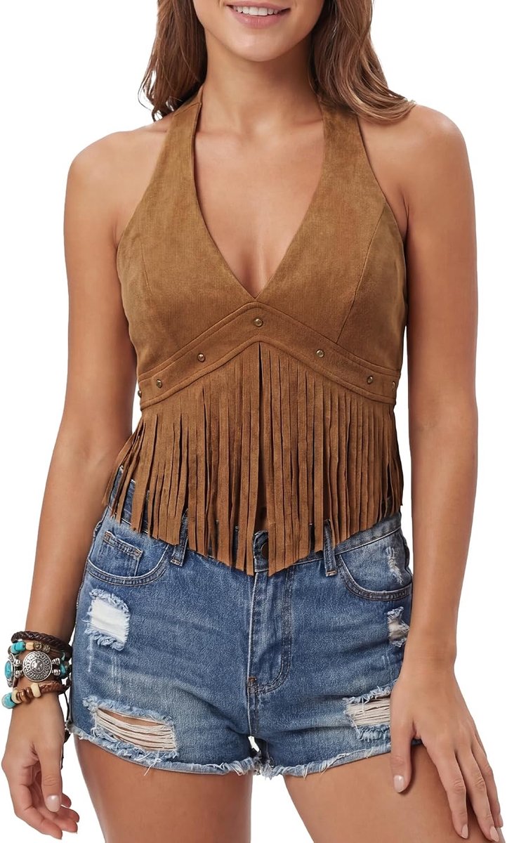 suède nekhouder tanktop vintage hippie tops casual mouwloze franje top V-hals zomer crop top rugvrij bovenstuk streetwear