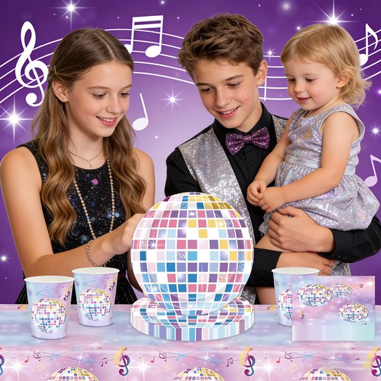 61 delige disco muziekfeest servies set, paars glitter decoratief kleurenschema, verjaardagsfeest decoraties, tafelkleed, papieren bekers, servetten, papieren borden, geschikt voor 20 gasten — afbeelding 3