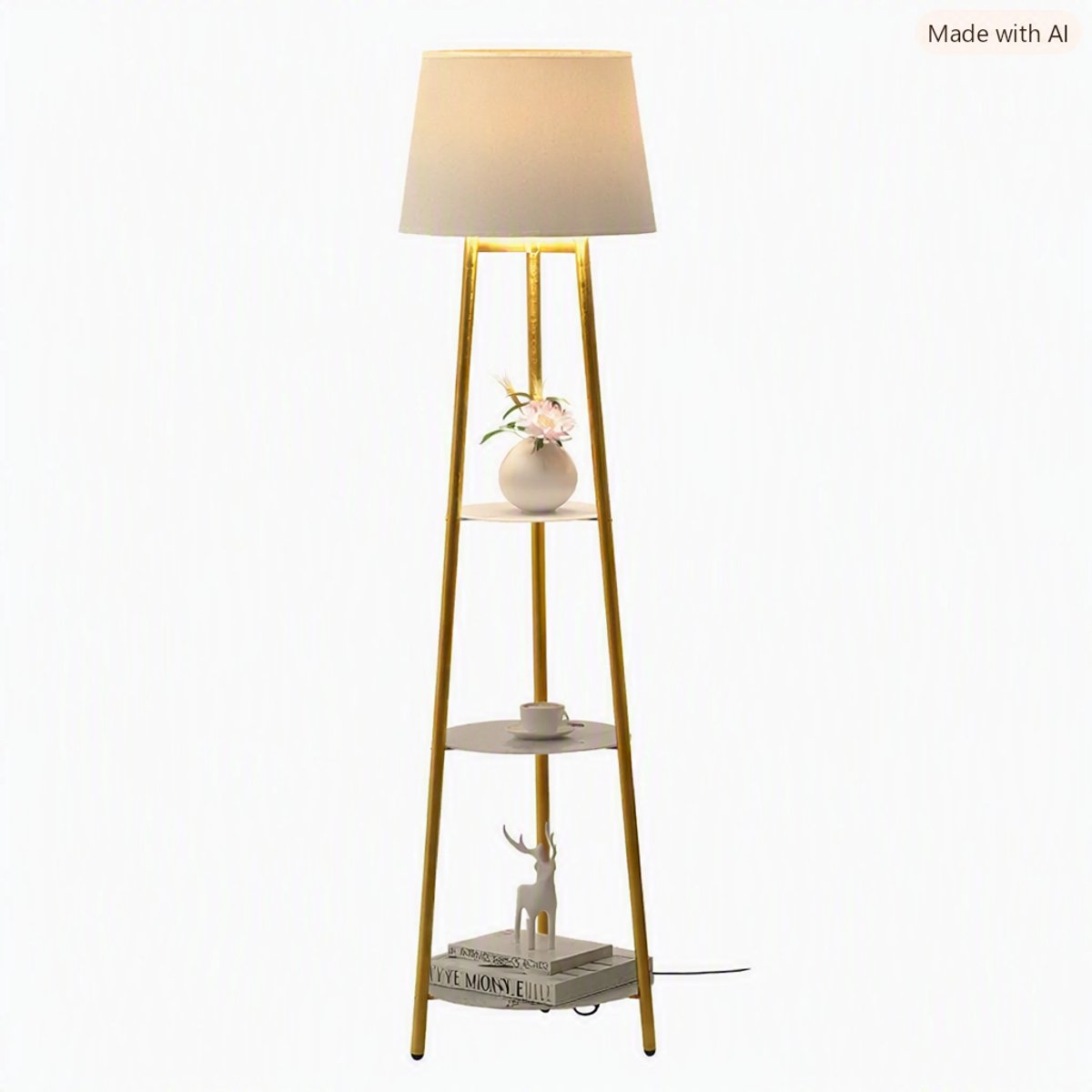 Chelsey-Store - 2 in 1 Hoekvloerlamp - Modern Statief LED-Licht - voor Slaapkamer Woonkamer Kantoor - met Schapjes - 158.5 CM - Goud en Beige