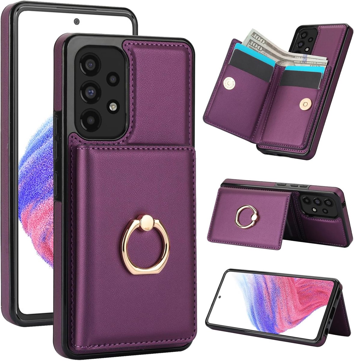 Hoes voor mobiele telefoon voor Samsung Galaxy A53 5G / 4G [RFID-bescherming] hoes, PU-leer, inklapbare portemonnee met 360° draaibare ringhouder, standaard, beschermhoes, wallet met kaartenvak