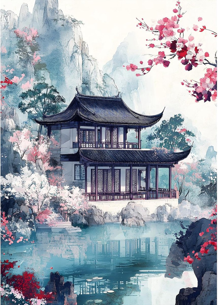 Diamond Art Painting for Adults Pavilion and Cherry Blossoms, Diamond Art Kits Adults for Beginners, DIY Crystal Gem Craft Painting for Home Wall Bedroom or Office Decor Gift 30 x 40 cm