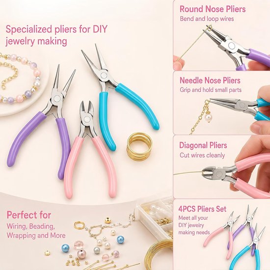 Tangen met ringopener, gereedschapsset voor het maken van sieraden met snijtang, platte tang en ronde tang, voor reparatie, kralen, oorbellen, armbanden en halskettingen — afbeelding 4