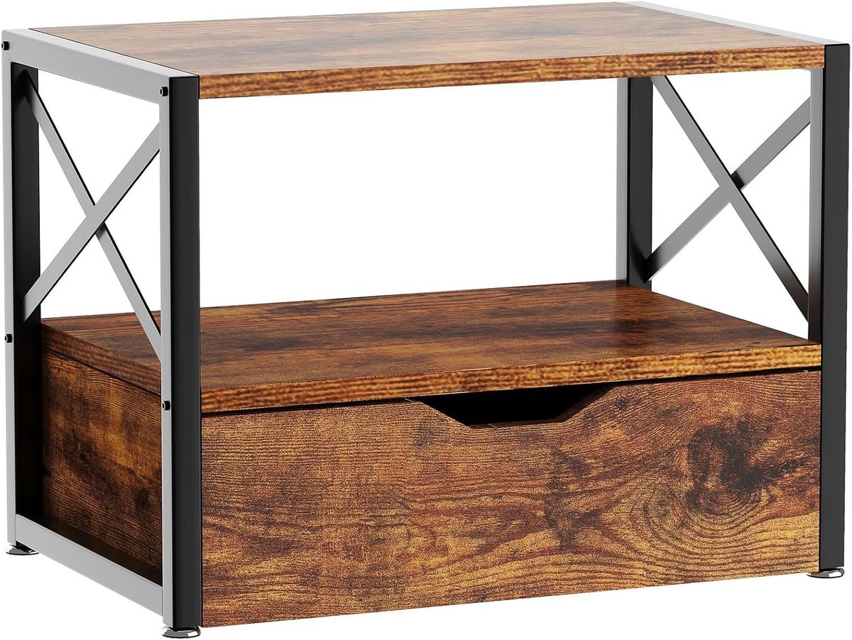 Printerstandaard Bureau - Printerstand met Lade en 2 Niveaus - Ruimtebesparende Printer Organizer - Houten Opbergrek met Metalen Frame - Voor Thuiswerkplek, Kantoor en Studie - Bruin Zwart